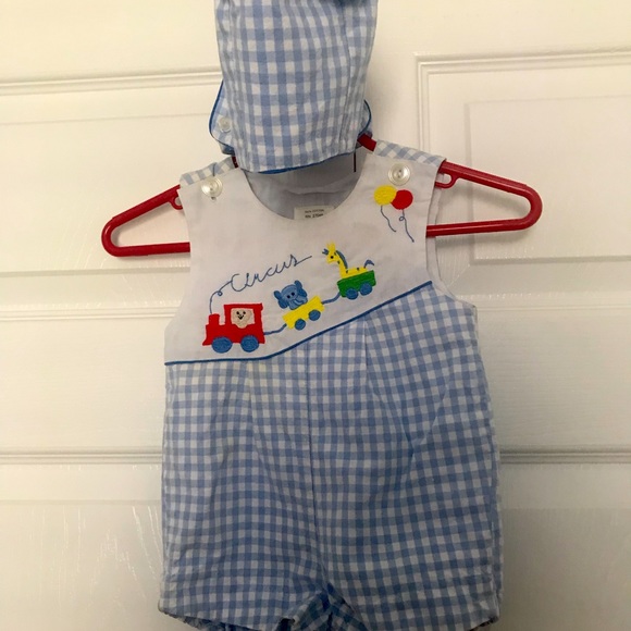 Blue & White Checked Sunsuit w/Matching Hat size 3-6 Months - Picture 1 of 8